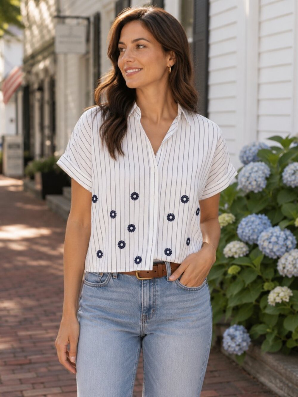 Madewell Hilltop Shirt | Navy Stripe Embroidered Cotton Button Down | XS